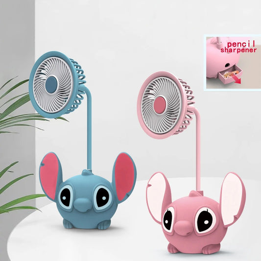 Mini ventilador plegable USB con sacapuntas de Stitch en rosa o azul (12x22x7,6cm) - ByLeoZ